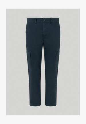 Tamno plave cargo hlače od pamuka, s dva bočna džepa i ravnim krojem. Uključuju zatvaranje na gumb i petlje za remen.