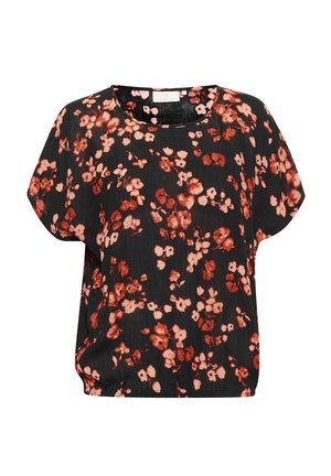 Svart kortärmad blus med blommönster i nyanser av röd och rosa, tillverkad i lätt tyg med avslappnad passform och rundad halsringning.