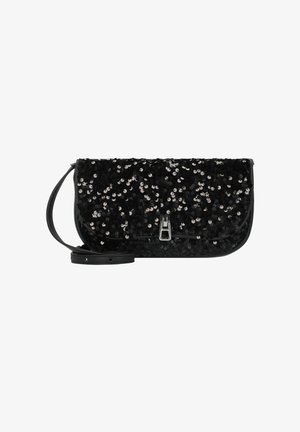 Zwarte crossbodytas met pailletten, glad leren afwerking, rechthoekige vorm, verstelbare riem en zilveren gespsluiting.