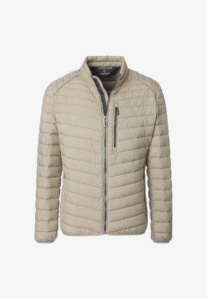 Beige lightweight quilted jacket with a stand collar, full zip, zip chest pocket, and textured pattern on the fabric.