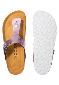 Lila metalliska flip-flop sandaler med en strukturerad ovansida, brun vadderad innersula och vit mönstrad yttersula. Har en silverfärgad spänne.