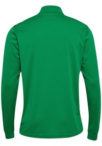 Grøn langærmet sportstrøje med krave, der har et tekstureret stof og tætsiddende manchetter. Ingen synlige logoer eller mønstre på ryggen.