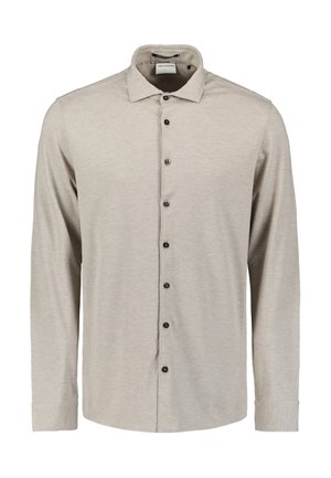 Lichtbeige overhemd met lange mouwen en een button-down kraag, voorzien van donkere knopen en een gladde, gestructureerde stof. Schone, minimalistische stijl.