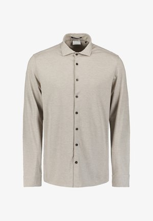 Helles, beige Langarmhemd mit Button-Down-Kragen, ausgestattet mit dunklen Knöpfen und einem glatten, strukturierten Stoff. Sauberes, minimalistisches Design.