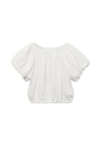 Blusa bianca off-the-shoulder realizzata in tessuto leggero, caratterizzata da maniche a palloncino e orlo elastico con dettagli arricciati.