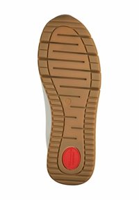 Suola della scarpa con un design in gomma marrone texturizzata, caratterizzata da scanalature verticali per una presa migliore e un pulsante di comfort circolare rosso.