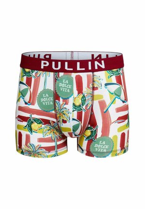 Boxers homme avec un motif coloré de palmiers, citrons, parapluies et texte "La Dolce Vita", avec une ceinture rouge avec "PULLIN."