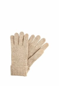 Beige gebreide handschoenen met geribde manchetten, textiel met textuur, ontwerp met vijf vingers, zachte uitstraling en minimalistische visuele details.