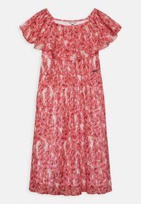 Różowa sukienka maxi w kwiatowy wzór, z falbaną przy dekolcie, plisowanym krojem i lekkim materiałem. Posiada subtelny metek marki na dole.