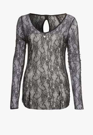 Sort blonde top med lange ærmer, rund halsudskæring og nøglehuldetalje bagpå. Indeholder blomsterprint og har en tætsiddende pasform.