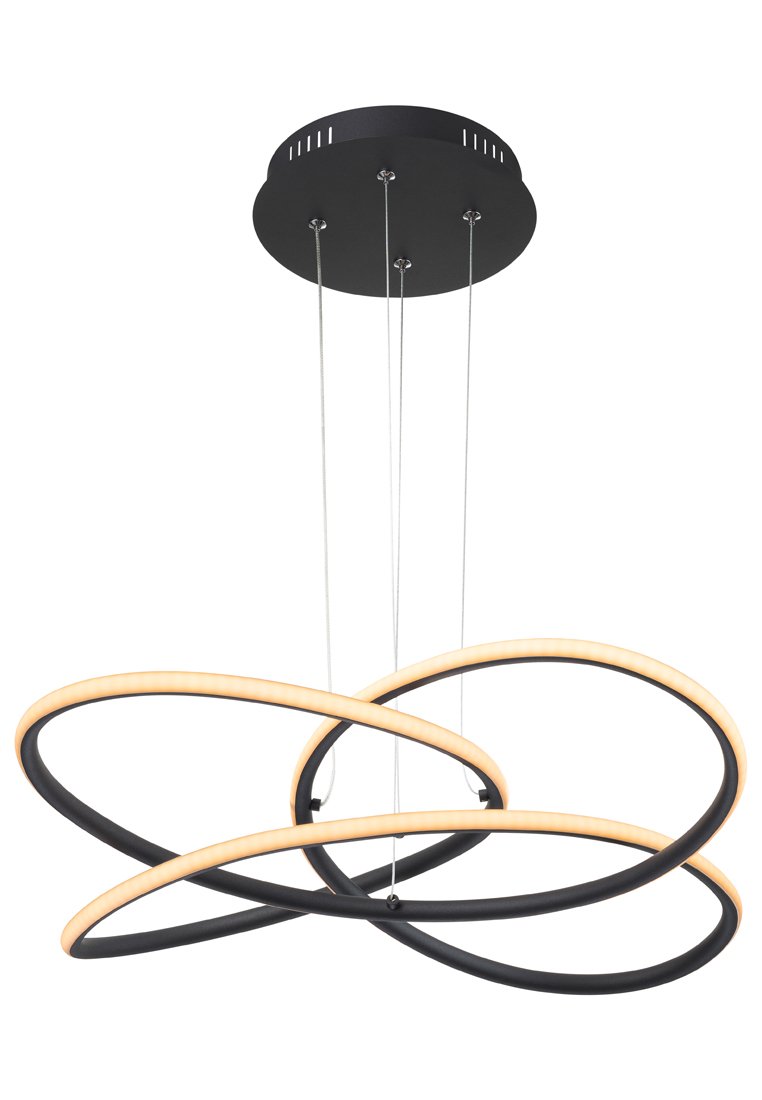 Lampadario con un soffitto circolare in metallo nero, caratterizzato da tre anelli intrecciati in nero e accenti LED bianco caldo.