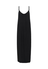 Robe maxi noire avec des fines bretelles réglables, un col arrondi et des plis verticaux. Un tissu doux et fluide crée une silhouette décontractée.