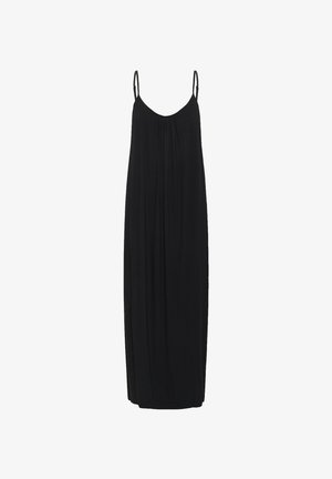 Vestido maxi negro con tirantes finos ajustables, un escote redondeado y pliegues verticales. La tela suave y fluida crea una silueta relajada.