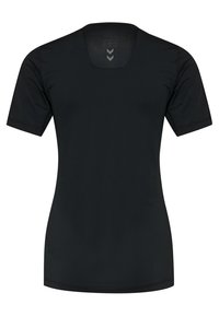 Svart kortärmad träningsskjorta med figurnära design, meshpanel på övre ryggen och två grå nedåtpekande pilar på meshen.