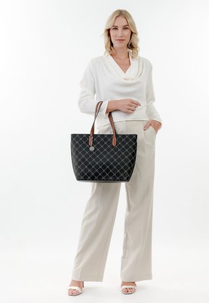 Black tote bag with a diamond pattern, leather accents, and dual brown shoulder straps. Smooth texture, structured shape, and spacious design.