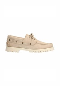 Beige Wildlederschuhe in Boots-Style mit runder Zehenpartie, genähten Details, Metallösen und einer robusten weißen Gummisohle mit strukturiertem Muster.