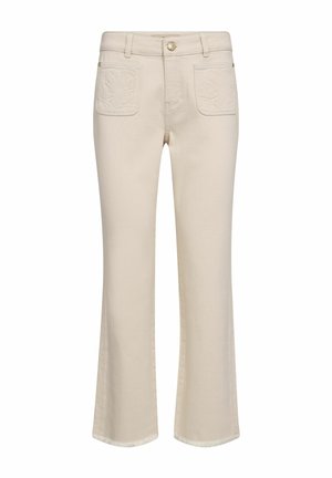 Blugi drepti de culoare crem, cu buzunare aplicate frontale decorate cu broderie florală și talie cu închidere cu nasturi.