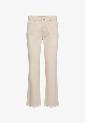 Kreemikas värvi sirge lõikega teksad esiküljel lillemustrilise tikandiga taskutega ja nööpkinnitusega vöökoht.