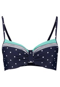 Marineblauwe bikini-top met stippen en groene accenten, voorzien van verstelbare schouderbanden, een gedraaid ontwerp aan de voorkant en gestreepte details op de band.