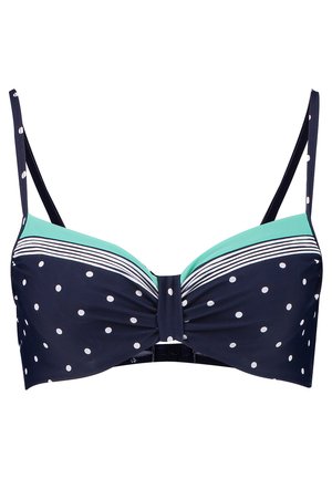 Dunkelblauer Bikini-Oberteil mit Punkten und grünen Akzenten, ausgestattet mit verstellbaren Trägern, einem gedrehten Vorderdesign und gestreiften Details am Bund.