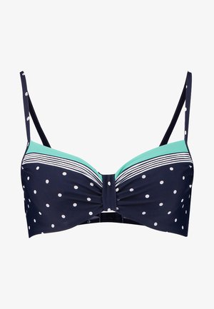 Top bikini a pois blu navy con dettagli verdi, dotato di spalline regolabili, design frontale attorcigliato e dettagli a righe sul bordo.