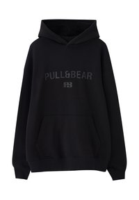 Sweat à capuche noir avec poche kangourou à l'avant, poignets en côte, et logo "PULL&BEAR PB" imprimé en lettres foncées sur la poitrine.