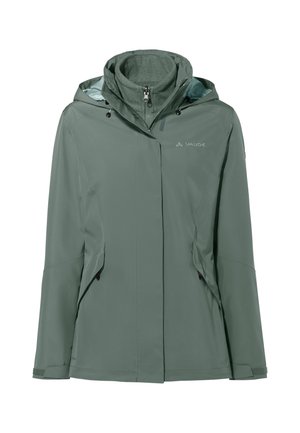 Wasserdichte grüne Jacke mit Kapuze, Reißverschluss und Seitentaschen. Hergestellt aus strapazierfähigem Material mit glatter Textur und minimalistischem Design.