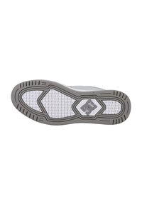 Vit sneakersula med strukturerad gummi, cirkulära och hexagonala mönster, med en grå accent och en DC-logotyp i mitten.
