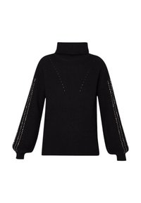 Maglione a collo alto in maglia nera con maniche a palloncino, cuciture geometriche e borchie decorative lungo le cuciture laterali.