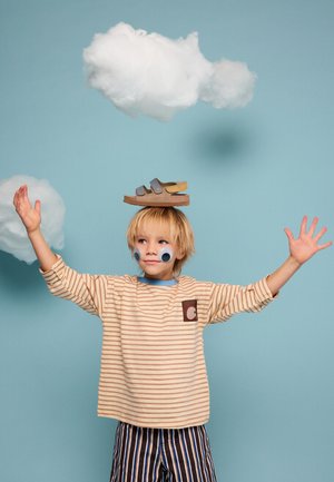 Niño pequeño con camiseta a rayas y pantalones a rayas equilibrando una sandalia en la cabeza, con dos nubes esponjosas sobre un fondo azul.