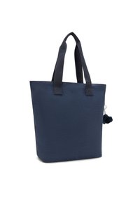 Granatowa torba typu tote wykonana z teksturowanej tkaniny, z dwoma solidnymi uchwytami i dekoracyjnym pomponem kluczykowym po jednej stronie.