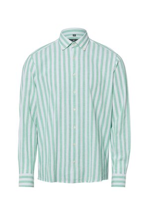 Long-sleeve button-up shirt with vertical green and white stripes and a button-down collar, displayed against a white background.