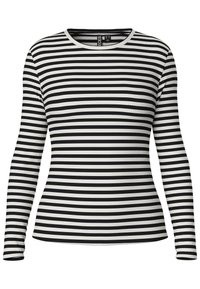 Långärmad randig skjorta i svart och vitt, med en ribbad textur och rundad halsringning. Liggande ränder är jämnt fördelade.