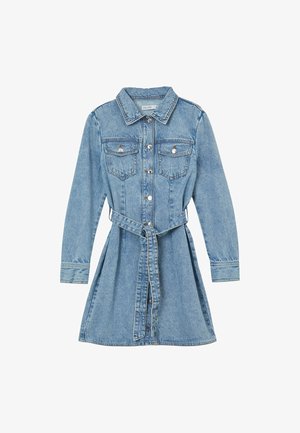Spijkerjurk in lichtblauw met lange mouwen, knoopsluiting aan de voorkant, twee borstzakken en een bijpassende tailleband. Heeft een ontspannen A-lijn silhouet.