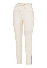 Jean slim blanc cassé avec de légères déchirures, ourlets effilochés, détail zippé à la cheville, fermeture par bouton et style à cinq poches.