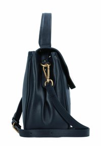 Borsa a mano in pelle blu navy con forma strutturata, accessori in oro e tracolla rimovibile. Texture liscia con cuciture accentuate visibili.
