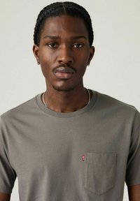 Grå bomulds t-shirt med korte ærmer, rund hals og en brystlomme med et rødt Levi's logo mærke. Glat tekstur og tætsiddende design.