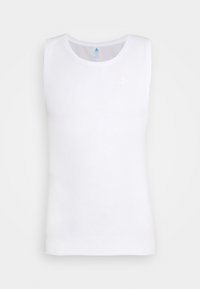 Weißes ärmelloses Tanktop aus leichtem Stoff. Gerundeter Rundhalsausschnitt, glatte Textur, mit einem dezenten Logo auf der linken Brustseite.