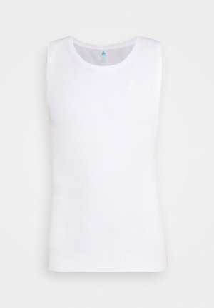 Canottiera bianca senza maniche realizzata in tessuto leggero. Scollatura rotonda, texture liscia, con un logo discreto sulla parte sinistra del petto.