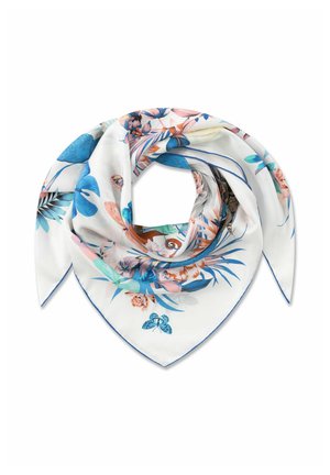 Weißer Seidenschal mit blauem Rand, verziert mit bunten Blumen- und Schmetterlingsmustern, locker zu einer dreieckigen Form gefaltet.
