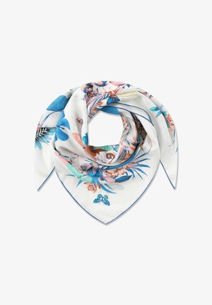 Foulard en soie blanche avec bordure bleue, décoré de motifs floraux et de papillons colorés, plié en forme triangulaire lâche.