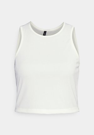 Top cropped branco feito de tecido canelado. Apresenta uma gola redonda e um design sem mangas, com uma textura suave e forma ajustada.
