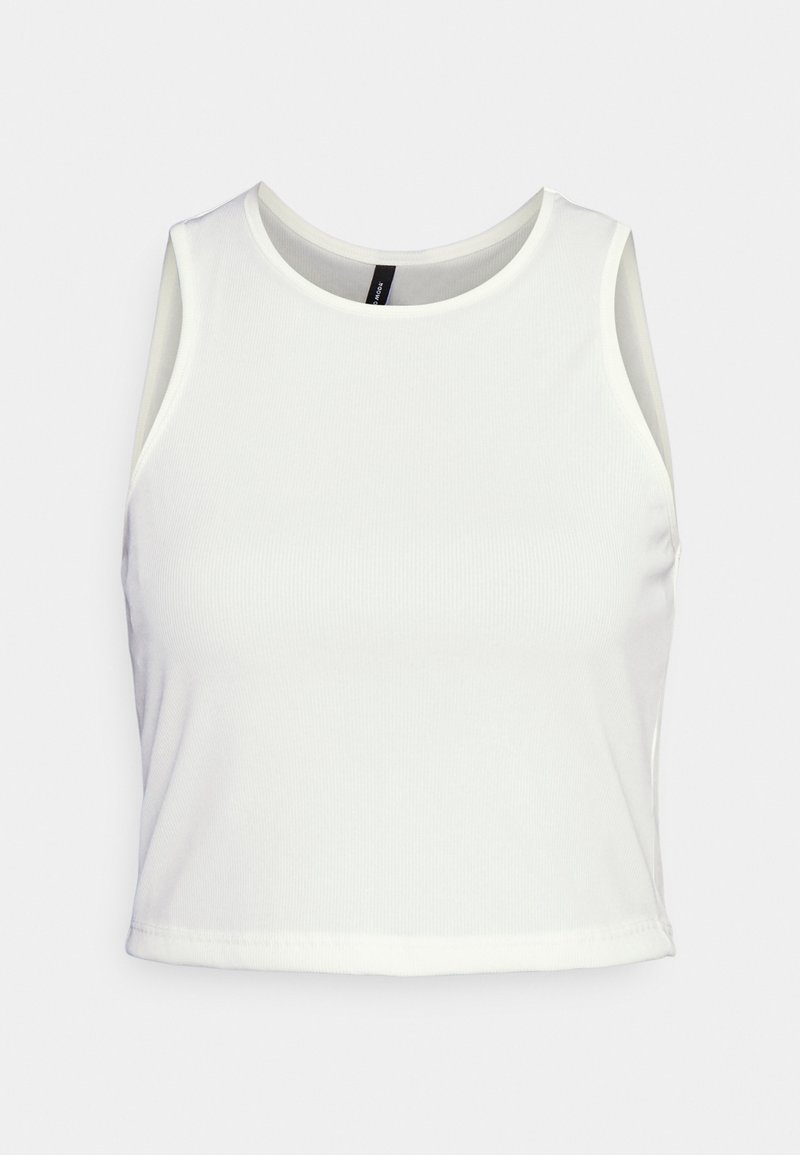 Top cropped branco feito de tecido canelado. Apresenta uma gola redonda e um design sem mangas, com uma textura suave e forma ajustada.