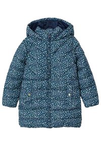 Padded coat in dark teal fabric featuring a floral pattern, a hood, front zipper, and two side pockets with snap buttons.
