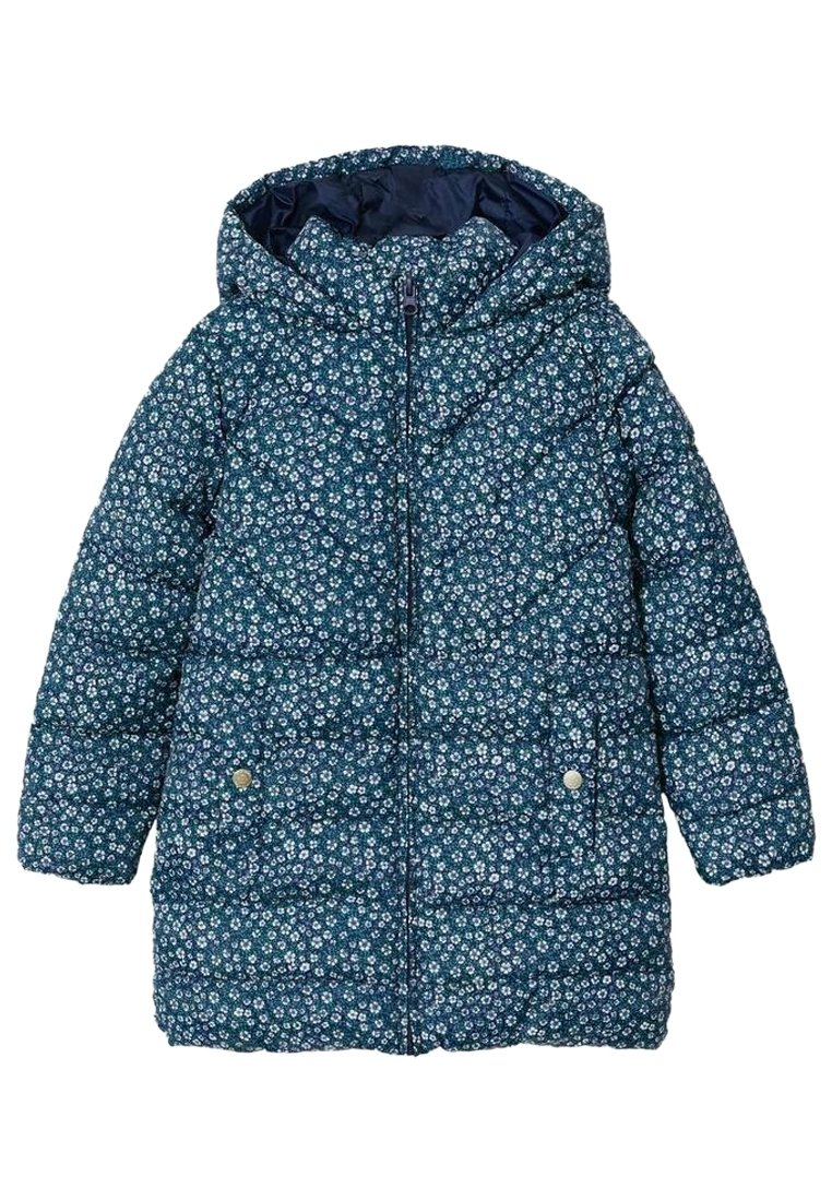 Padded coat in dark teal fabric featuring a floral pattern, a hood, front zipper, and two side pockets with snap buttons.