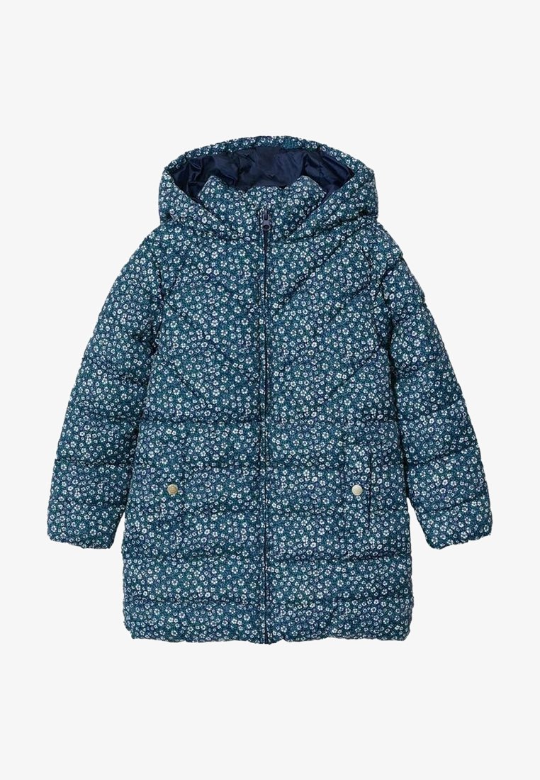 Padded coat in dark teal fabric featuring a floral pattern, a hood, front zipper, and two side pockets with snap buttons.
