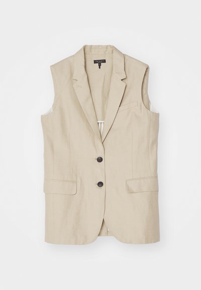Blazer sans manches beige avec deux poches avant, trois boutons noirs, revers crantés et une fente au dos. Texture de tissu lisse.
