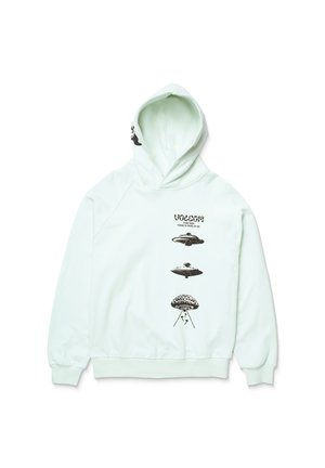 Miętowy hoodie z kapturem ze sznurkiem, na którym znajdują się czarne ilustracje UFO oraz tekst "Volcom" z przodu. Miękka tkanina, ściśnięte mankiety.