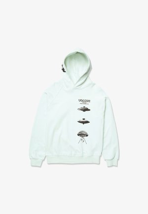 Sudadera verde menta con capucha ajustable, que presenta ilustraciones de ovnis en negro y el texto "Volcom" en la parte frontal. Tejido suave, puños acanalados.