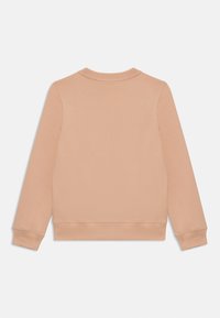 Sweatshirt de couleur pêche avec des manches longues, un col rond, des poignets et une taille côtelés. Tissu doux avec une texture lisse.